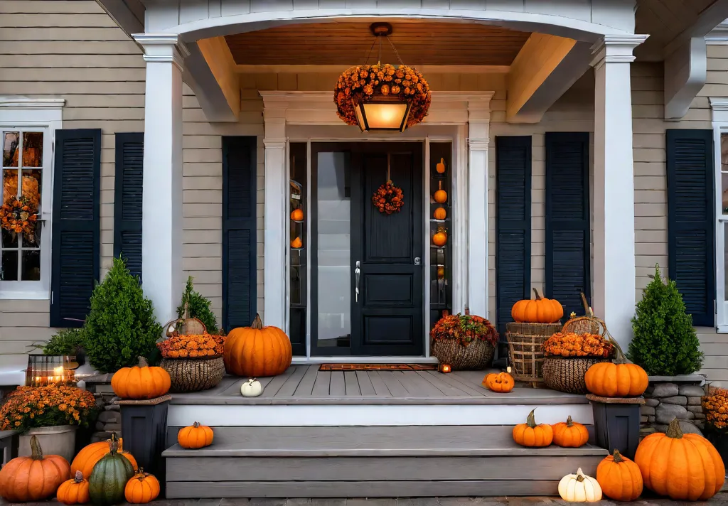 A welcoming fall porch scene with an abundance of pumpkins and gourdsfeat