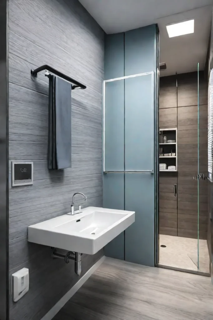 A wheelchairaccessible bathroom with a rollin shower and ample space