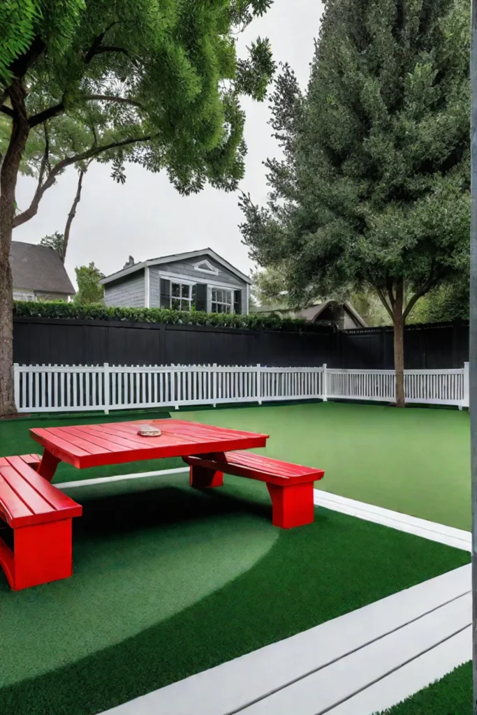 A_childfriendly_patio_with_a_playhouse_and_picnic_table