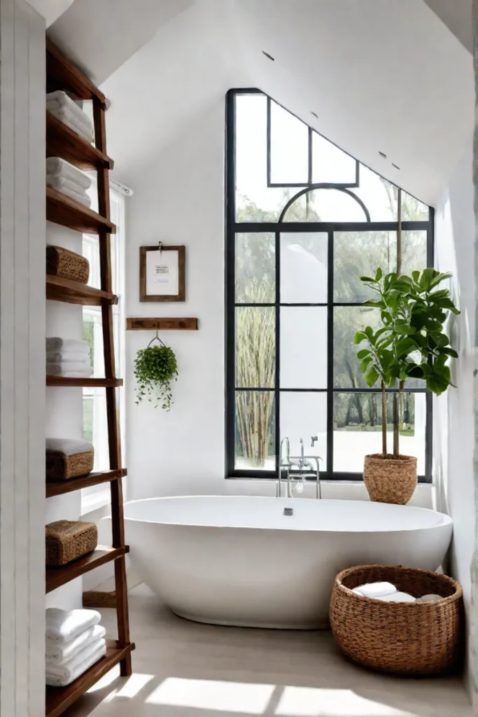 A_clean_bathroom_with_a_wooden_ladder_holding_towels_and_open_shelves_with_toiletries