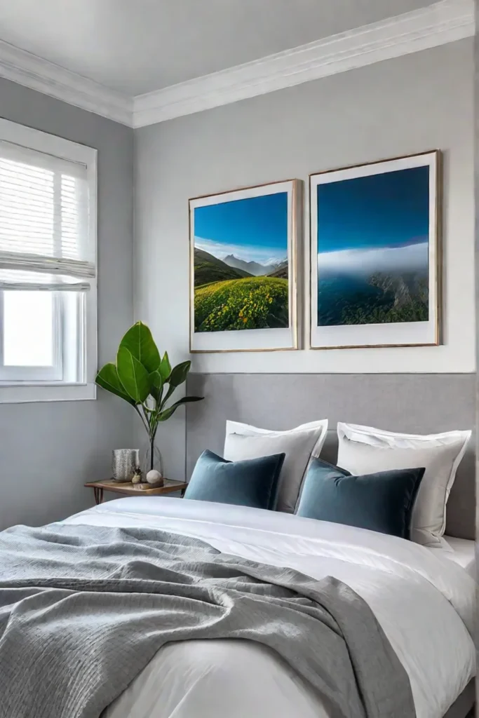 A gallery wall above a bed in a calming bedroom