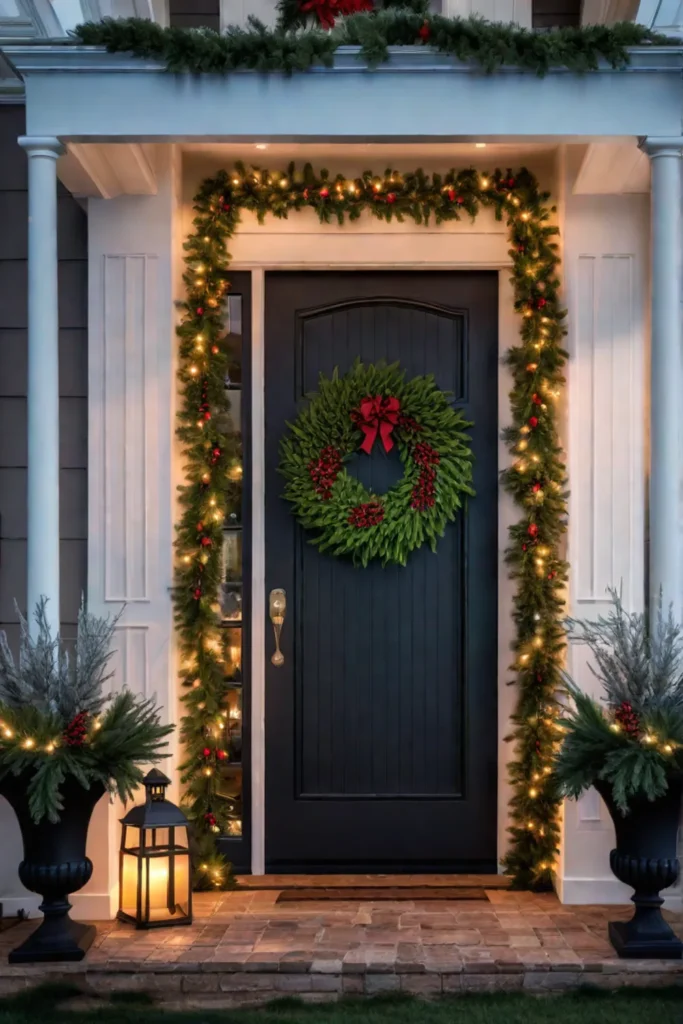 A holiday porch decorated with evergreen garlands a wreath and string lights creating a festive and welcoming atmosphere