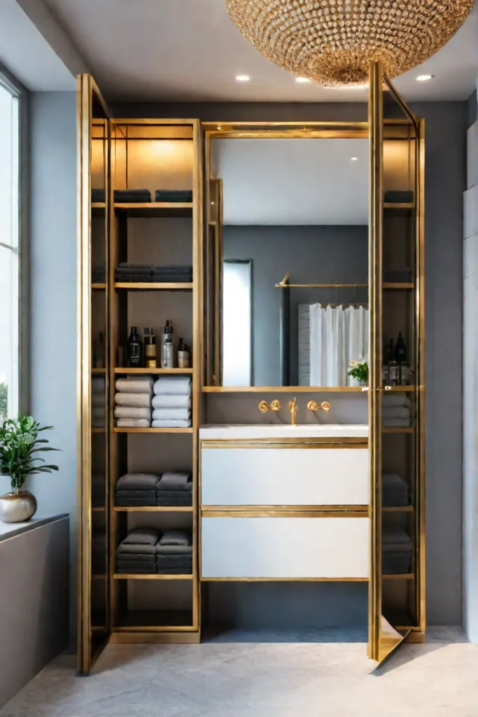 A luxurious bathroom with a trifold mirrored cabinet providing ample storage