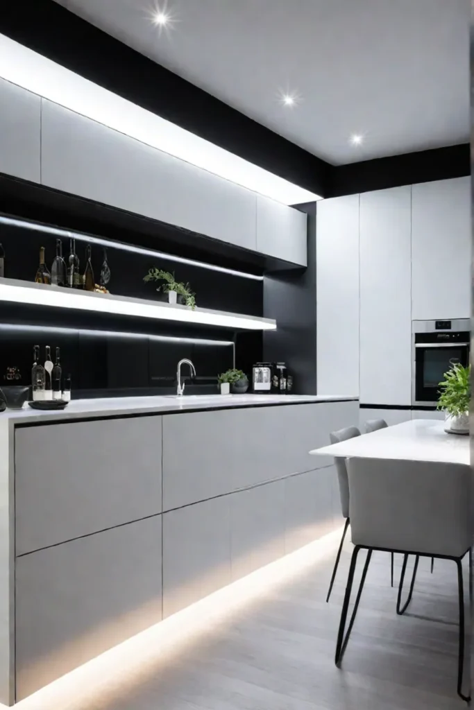 A monochromatic small kitchen with subtle lighting that enhances the minimalist design
