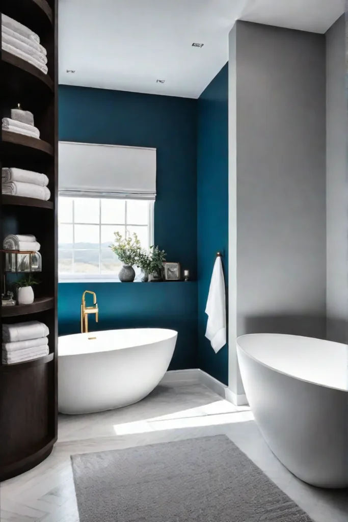 A spacious bathroom with ample storage on builtin shelves showcasing towels and bath products
