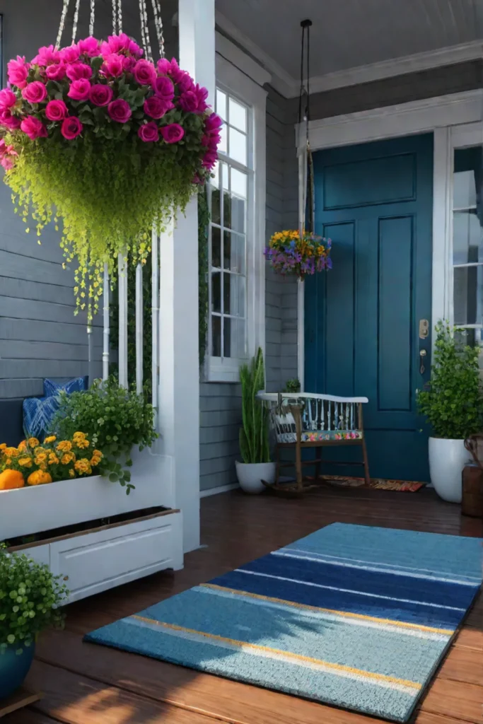 A spring porch decorated with hanging flower baskets wind chimes and a floral welcome mat creating a playful and inviting atmosphere