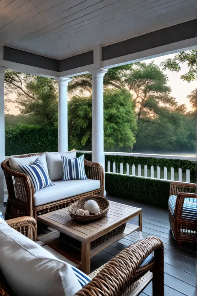 A summer porch with wicker furniture striped cushions and seashell accents creating a coastalinspired retreat