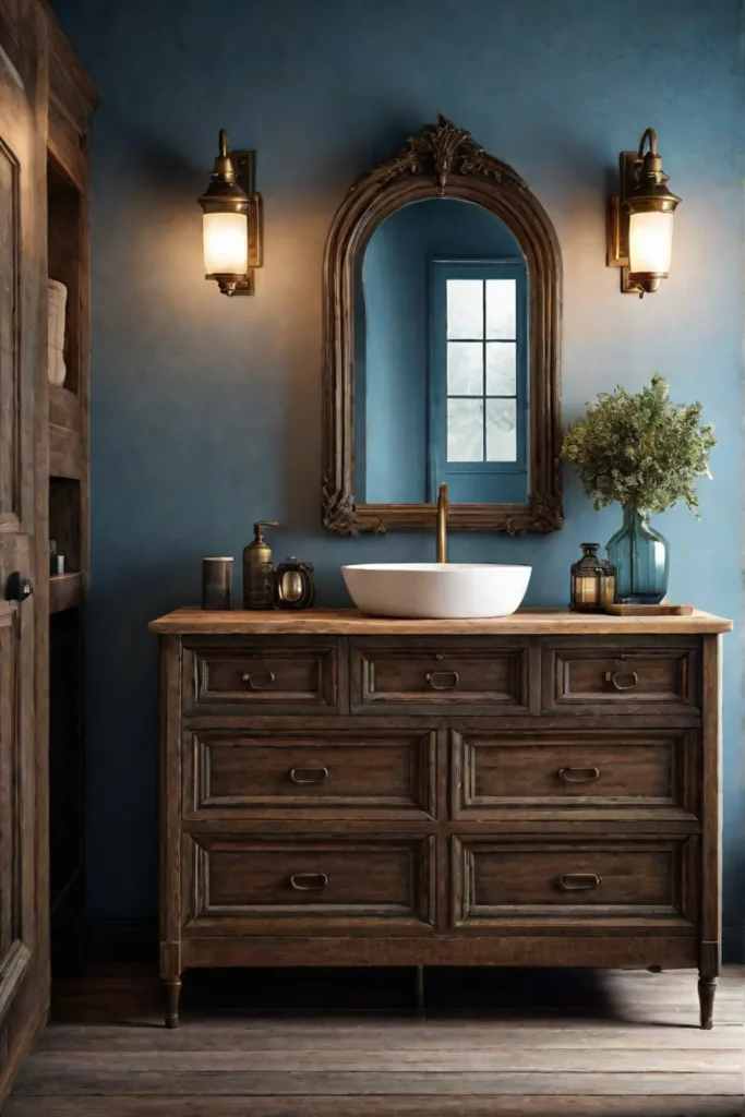 A vintage wooden dresser repurposed as a bathroom vanity with a vessel sink and antique brass faucet