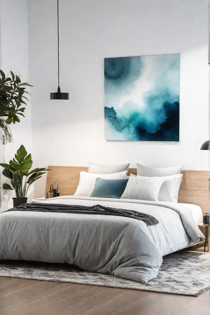Abstract watercolor wall hanging in a peaceful bedroom