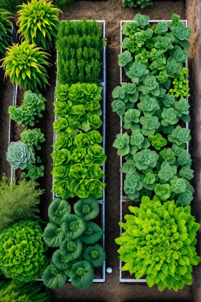 Aerial view of a companionplanted vegetable garden