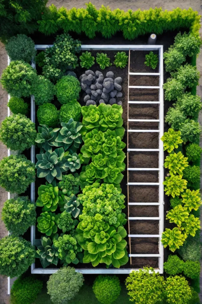 Aerial view of a geometrically designed vegetable garden with raised beds