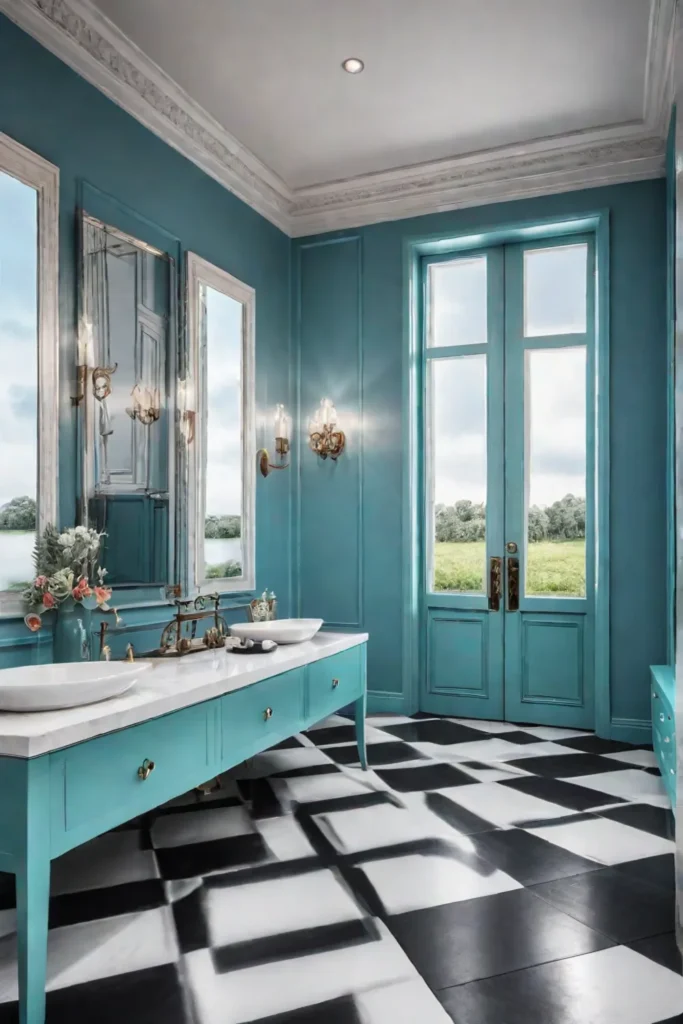 Alice in Wonderlandthemed bathroom with checkered floor and whimsical decor