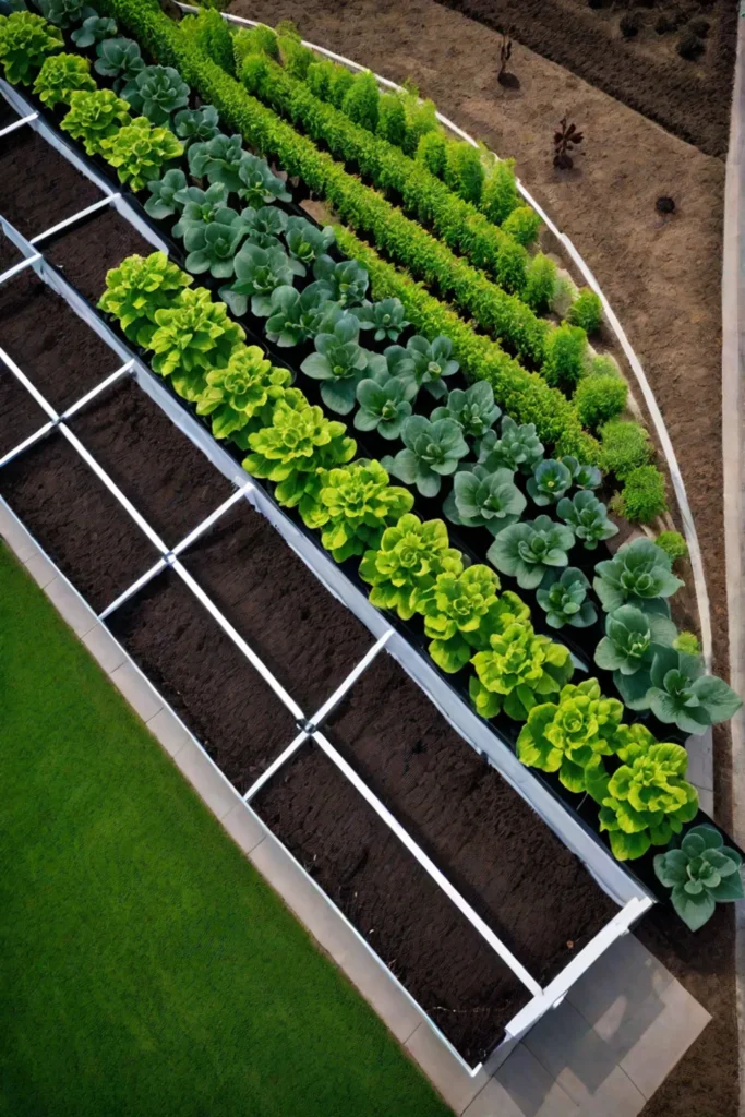 An aerial view of a vegetable garden with strategic plant placement for