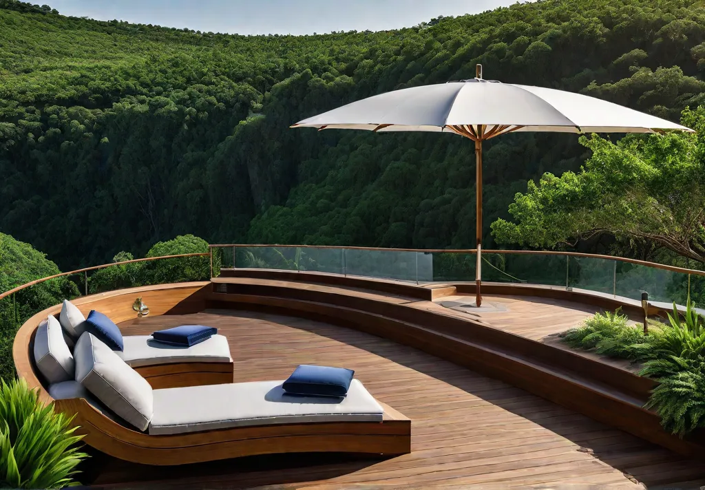 An elevated wooden deck with a curved shape and builtin seating surroundedfeat
