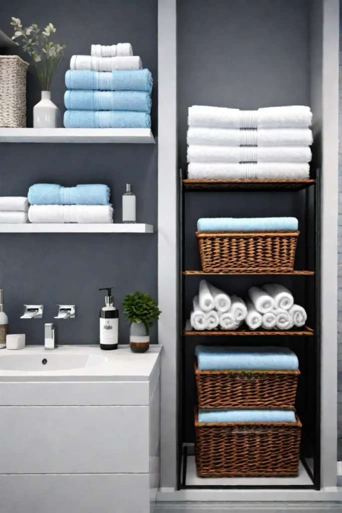 An organized bathroom with designated storage baskets promotes efficiency and accessibility