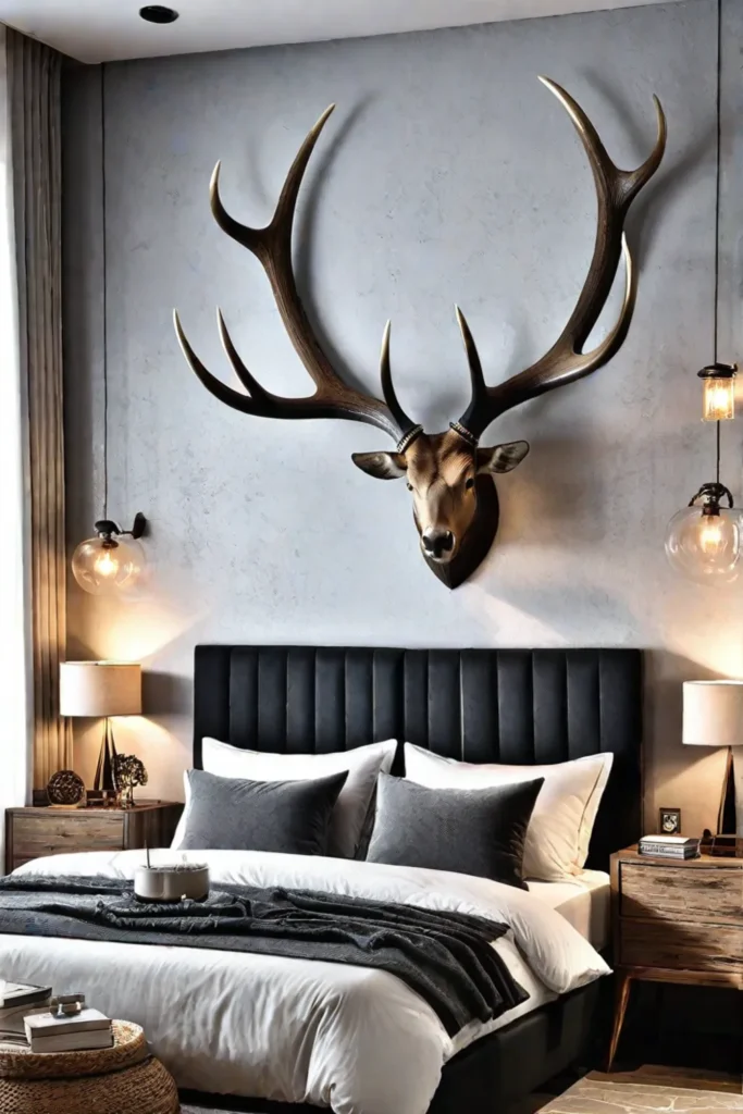 Antler wall decor in a rugged and masculine bedroom