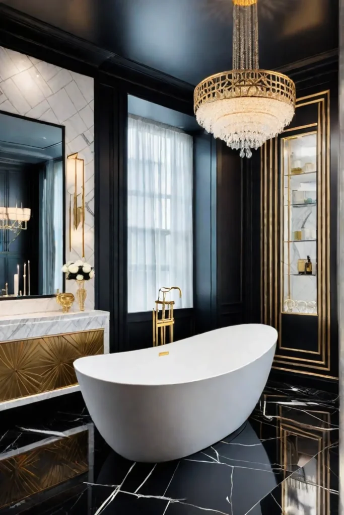 Art Deco master bathroom with geometric marble tiles a freestanding bathtub and