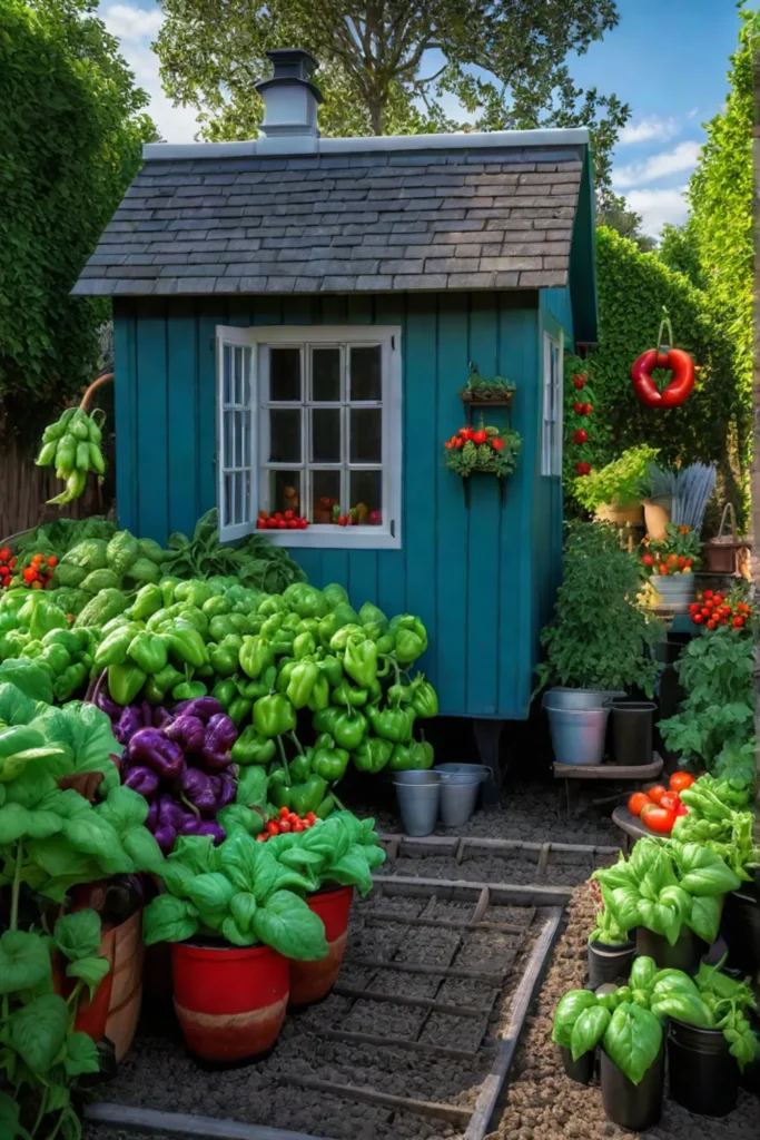 Backyard with potting shed and container vegetables