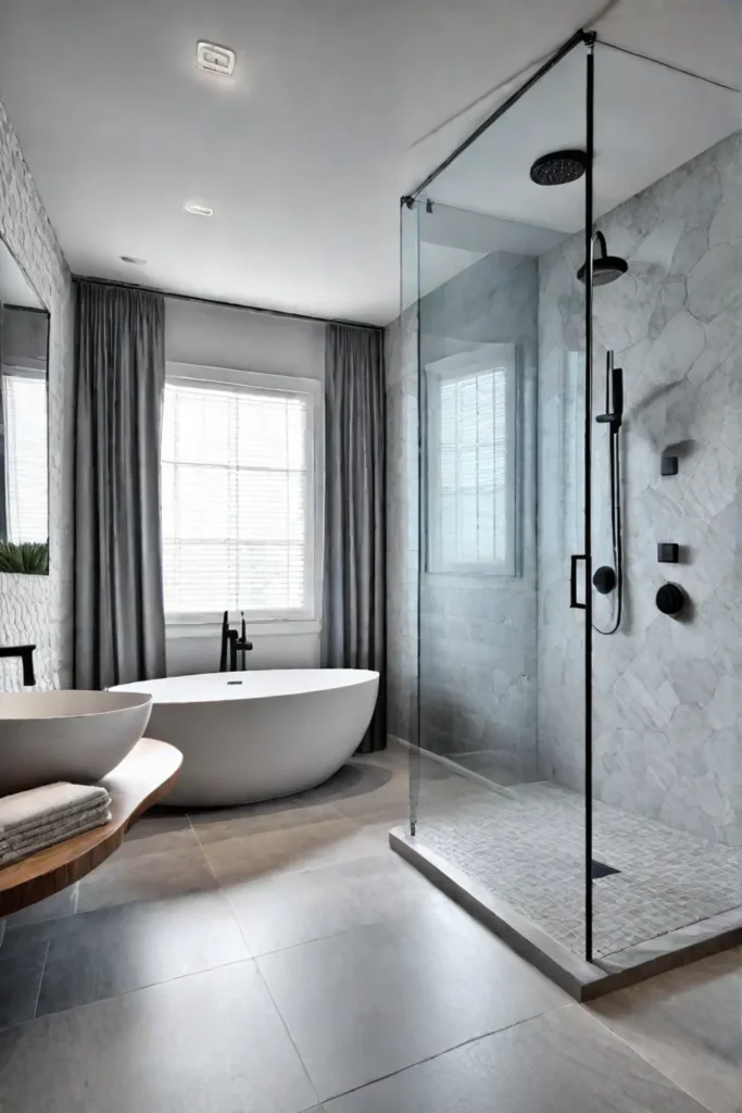 Bathroom retreat with rainfall showerhead and natural stone
