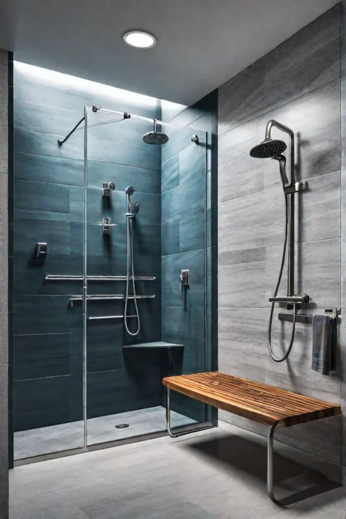 Bathroom shower with safety features like a bench seat and grab bars