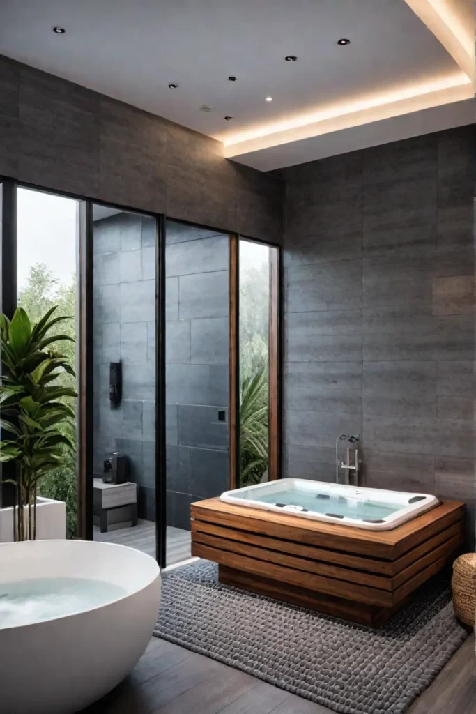 Bathroom with a home spa featuring a sauna and steam room