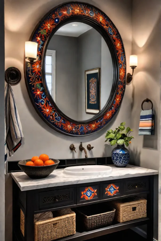 Bathroom with cultural elements and vibrant colors