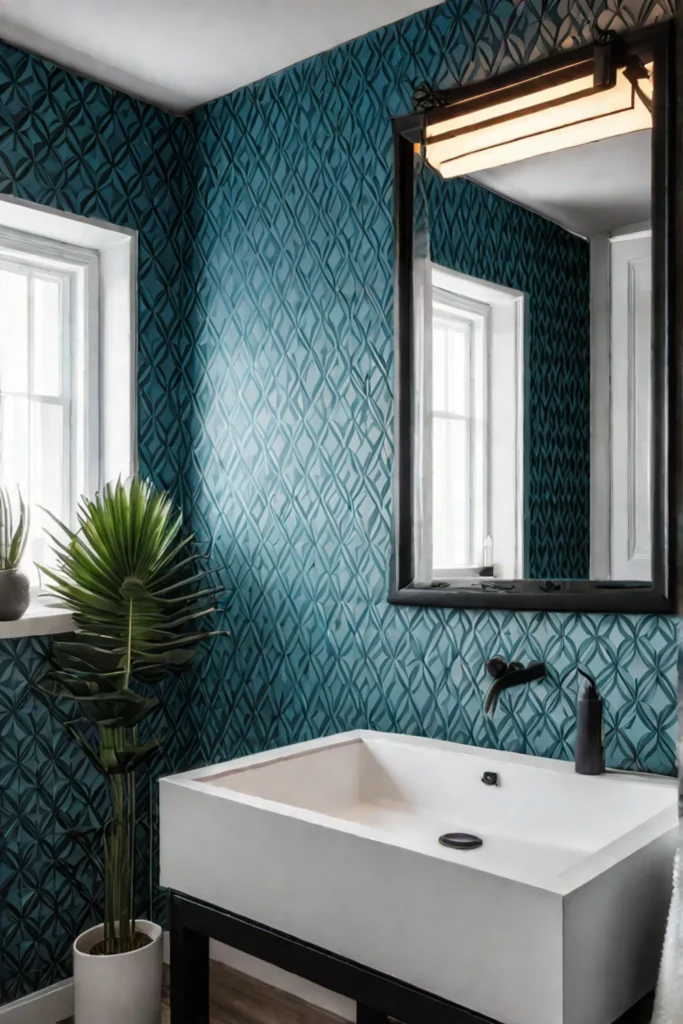 Bathroom with geometric wallpaper and white fixtures
