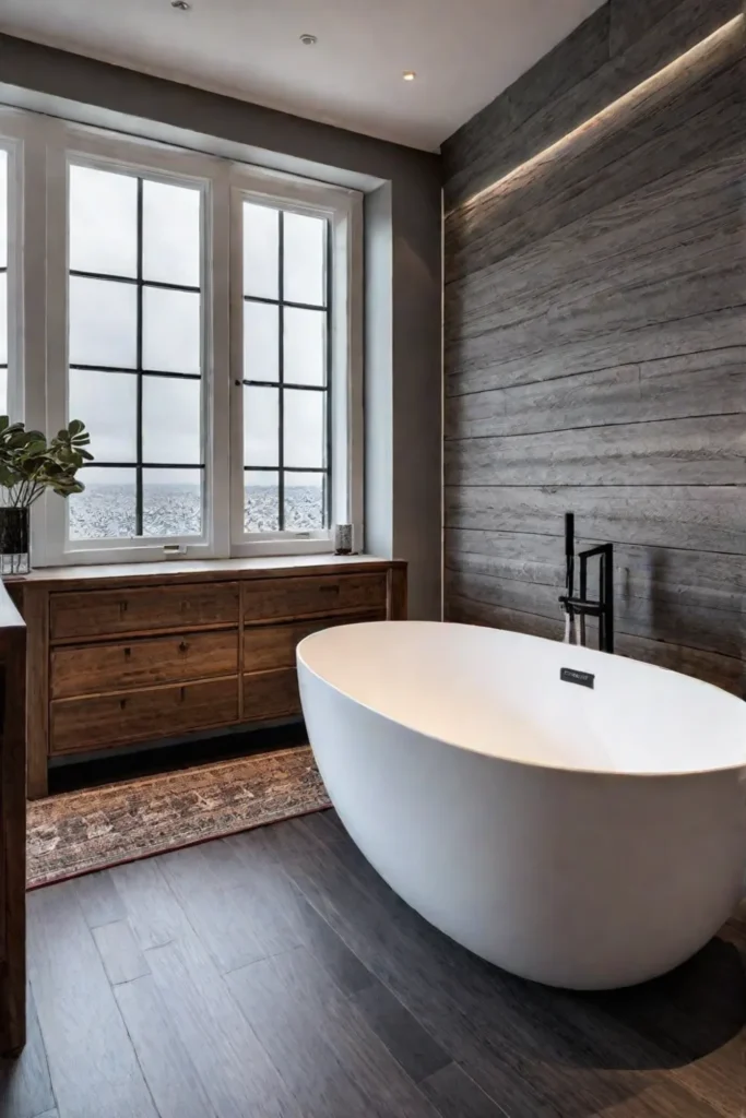 Bathroom with heated wood floors and a freestanding bathtub