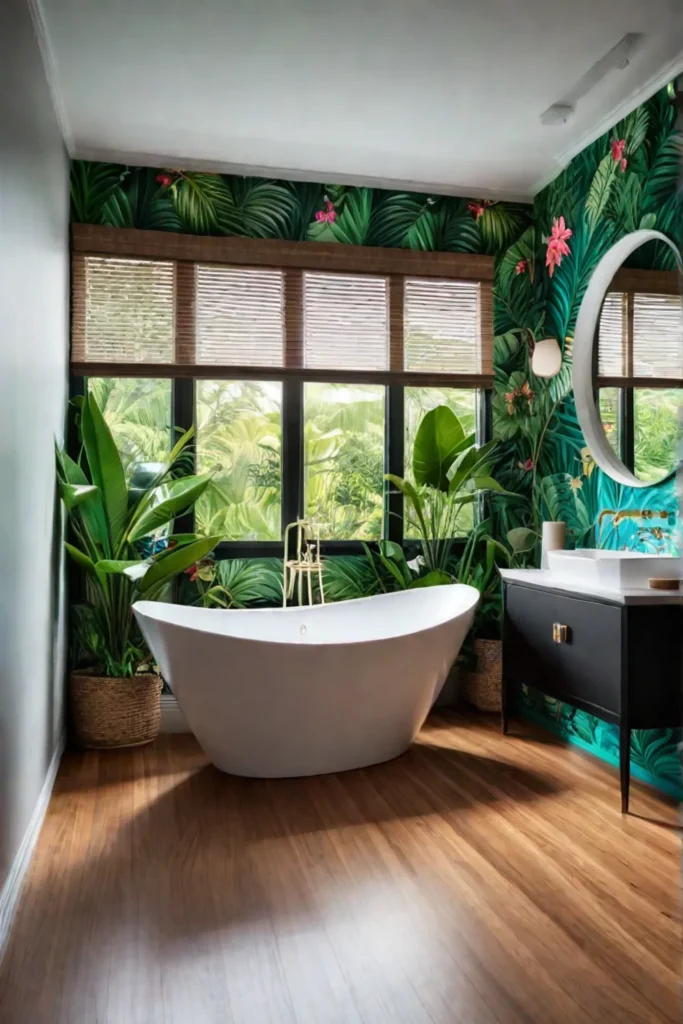 Bathroom with tropical wallpaper abundant greenery and a freestanding bathtub