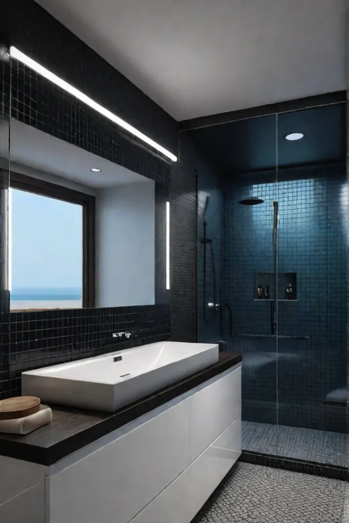Bathroom with voiceactivated lighting and a lighted mirror