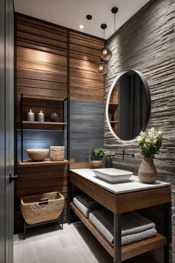 Bathroom with wood paneling and natural textures