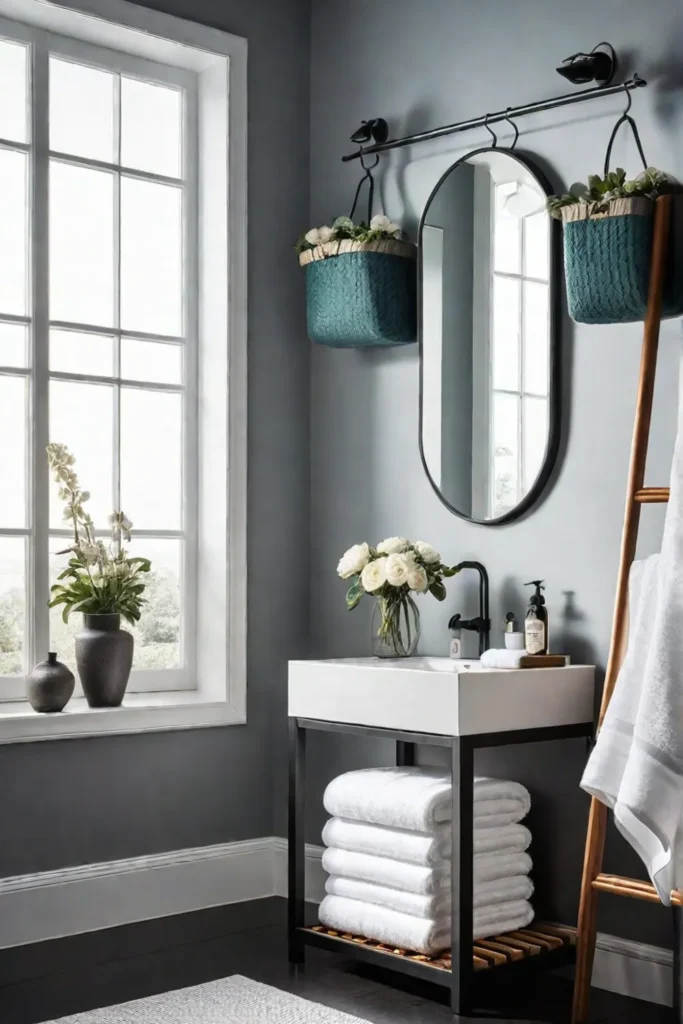 Bathroom_with_a_storage_stool_wallmounted_hooks_and_a_decorative_ladder_showcasing_multipurpose_solutions