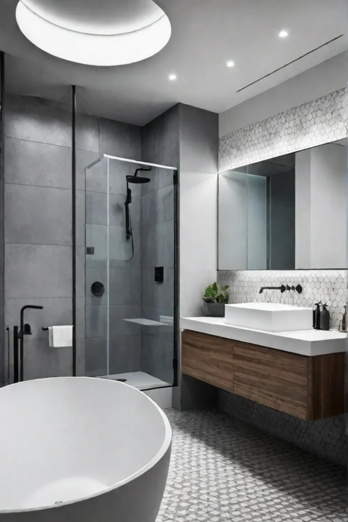 Bathroom with diagonal tile patterns for a dynamic and playful design