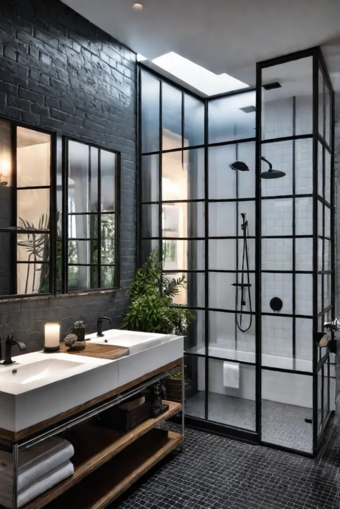 Bathroom with exposed pipes and brick veneer walls