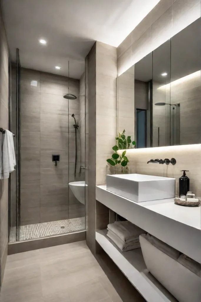 Bathroom with horizontal tile layout emphasizing spaciousness