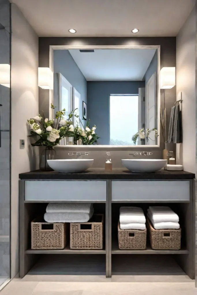 Bathroom with maximized storage potential using various organizational solutions