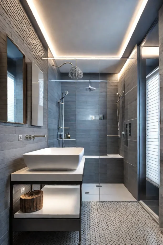 Bathroom with mixed tile sizes featuring large floor tiles and a herringbone shower wall