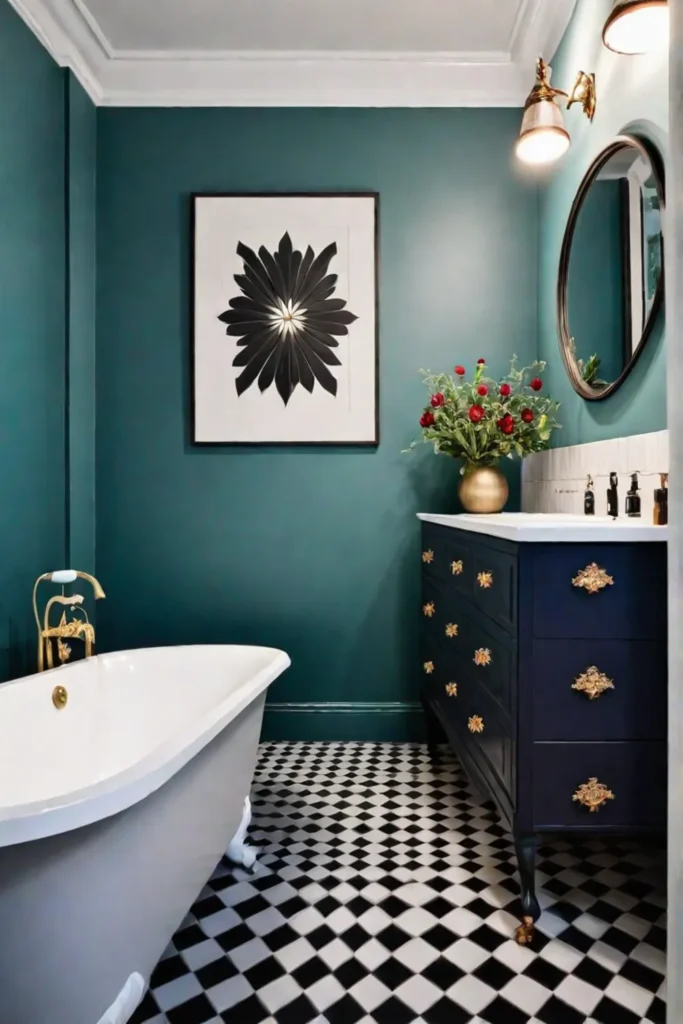 Bathroom with repurposed dresser vanity and assorted artwork