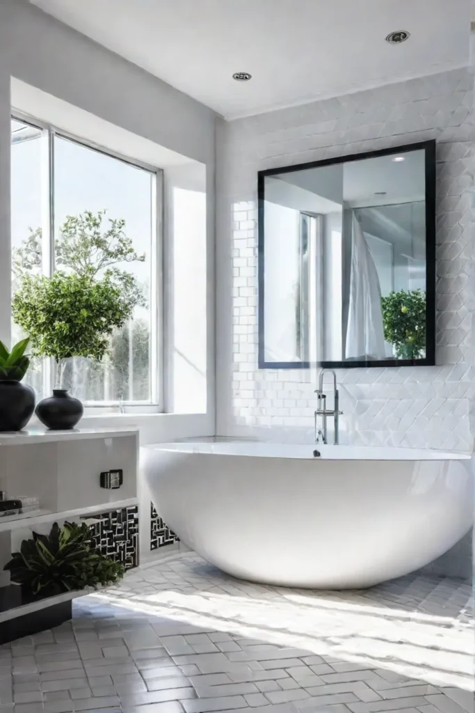 Bathroom with small glossy tiles reflecting light for a bright atmosphere