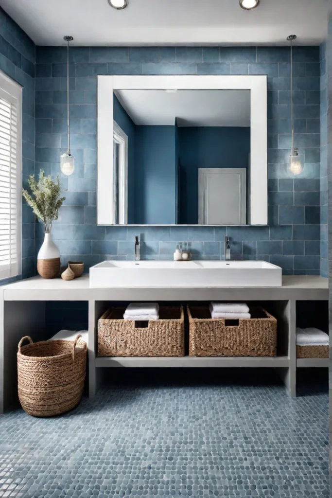 Bathroom with whitewashed vanity and soft blue walls