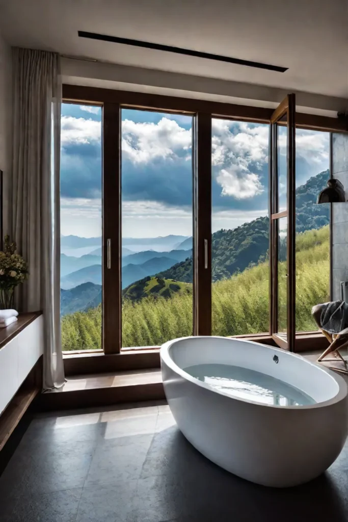 Bathtub near a window with a scenic view