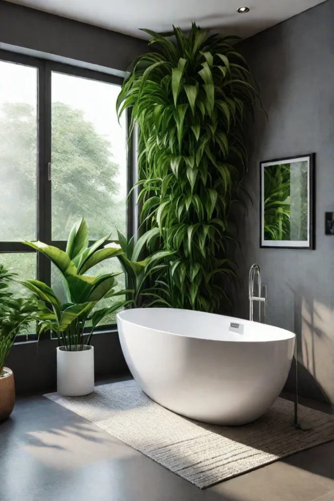 Bathtub surrounded by plants in a naturalthemed bathroom