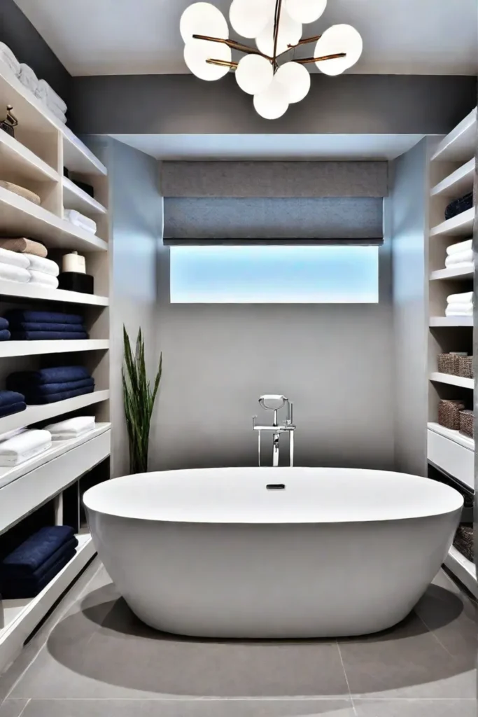 Bathtub with builtin storage in an organized bathroom