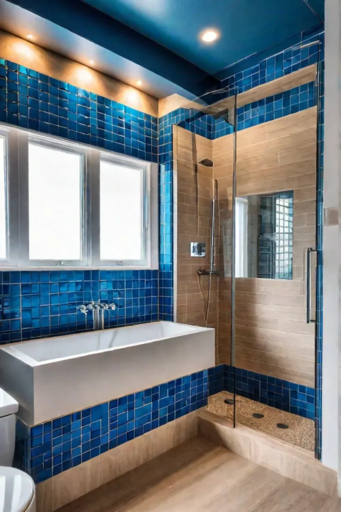 Beachthemed bathroom with blue tile and beige grout