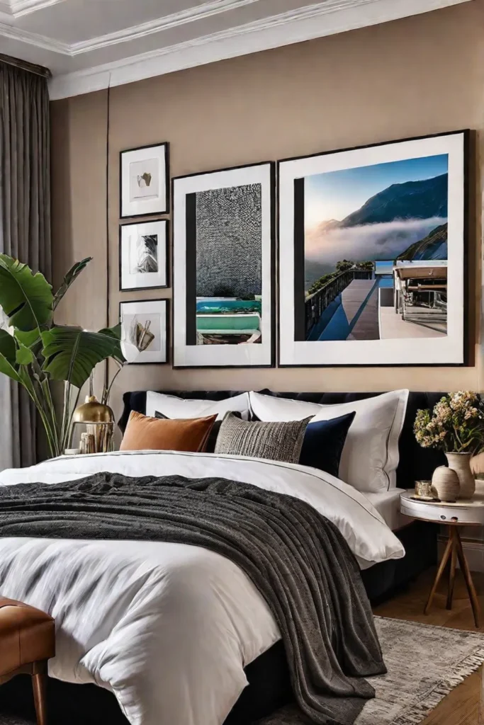 Bedroom gallery wall with warmtoned artwork