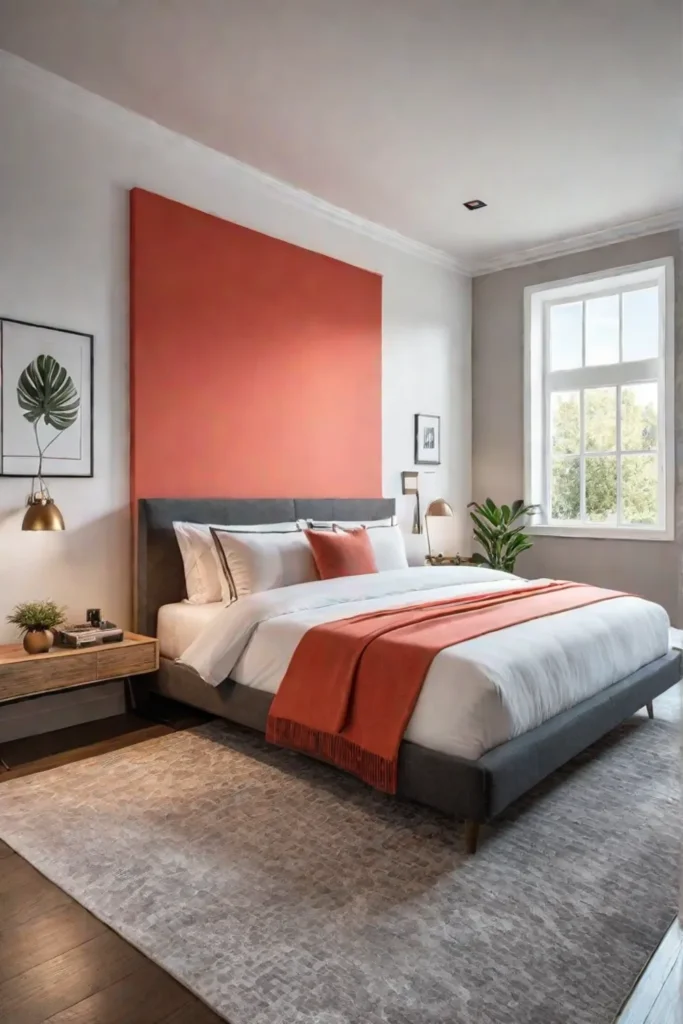 Bedroom with a coral accent wall and abundant natural light