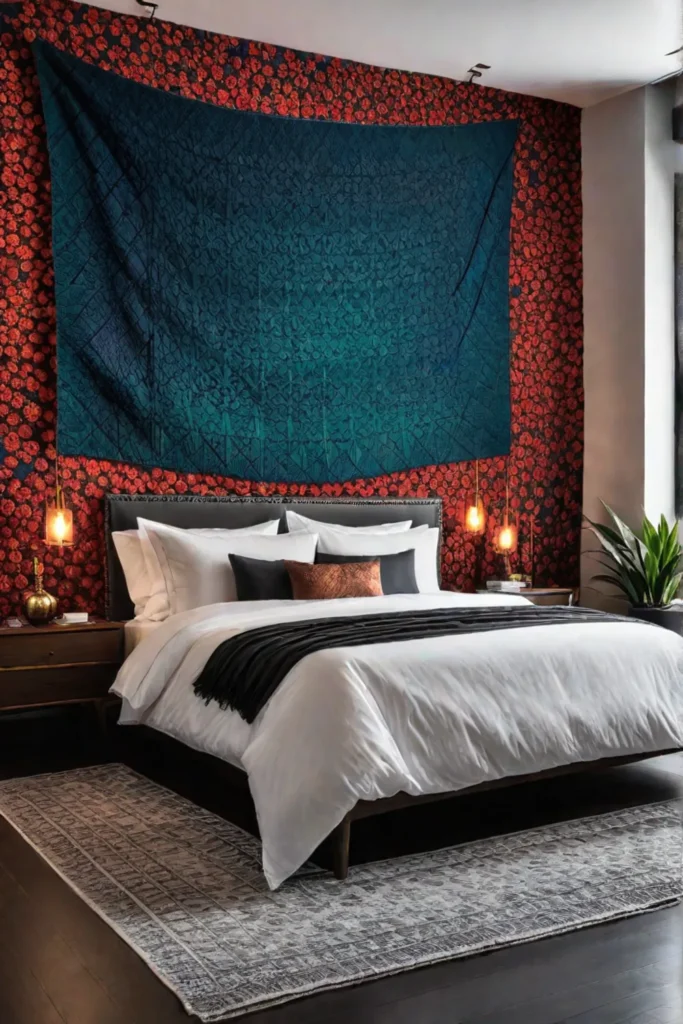 Bedroom with bohemian woven wall tapestry