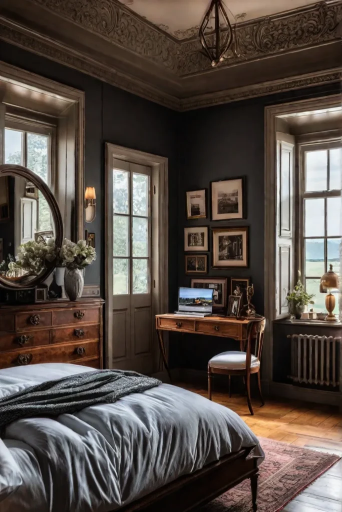Bedroom with framed blackandwhite photographs and an ornate mirror