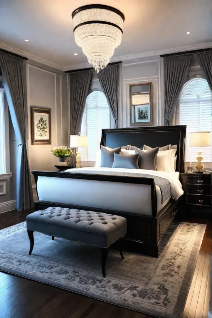 Bedroom with intricate crown molding and wall trim