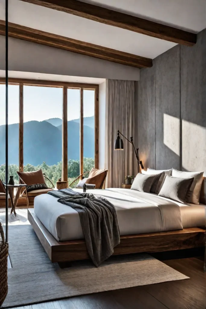 Bedroom with natural materials like wood stone and linen